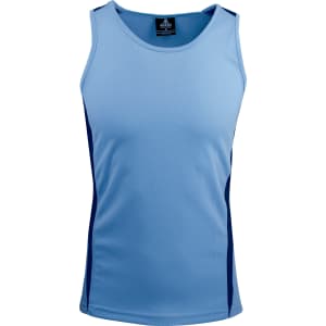 A light blue men's singlet featuring navy side panels and a logo on the collar.