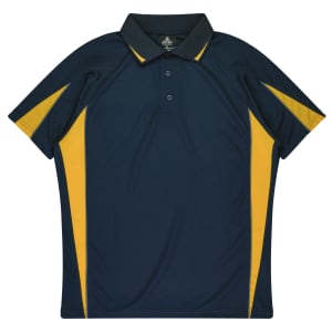 A navy blue polo shirt with yellow accents and a collar, featuring a logo on the chest.