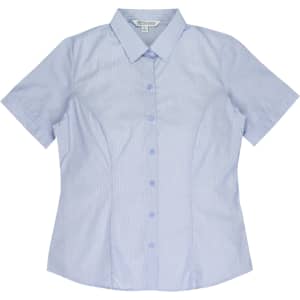 A short-sleeve button-up shirt in light blue with a fitted design and a logo.
