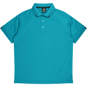 A turquoise polo shirt with a collared neck and a branded logo. Features raglan sleeves for comfort.