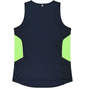A navy singlet with bright green side panels and a logo on the back. Suitable for active wear.