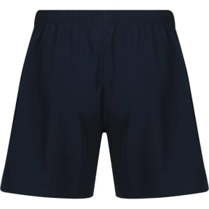 Men's sports shorts in navy blue with an elastic waistband and a logo on the side.