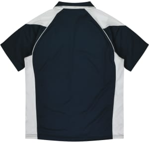A polo shirt featuring a navy blue and white design, displayed with a classic collar and short sleeves.