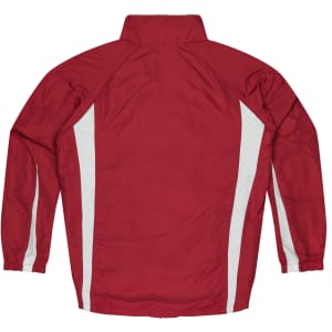 A red tracktop with white side stripes and a high collar, featuring a logo. Designed for kids.