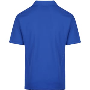 A blue men's polo shirt featuring a simple design with a collar and short sleeves. It has a logo on the side.