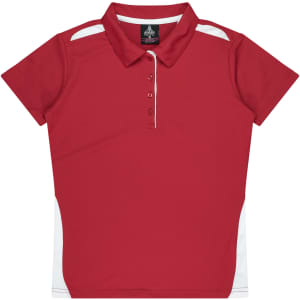 A red polo shirt featuring white side panels and a collar, with a logo on the neckline.