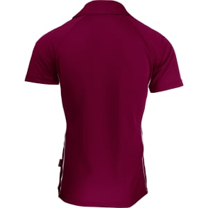 A maroon polo shirt with a classic collar and contrasting stripes, featuring a logo on the side.