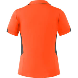 An orange polo shirt with black side accents, featuring a collar and short sleeves. It has a logo on the front.