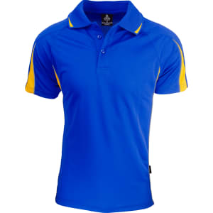 A blue polo shirt with yellow accents, featuring a collar and a logo.