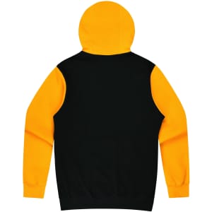 A black hoodie with bright yellow sleeves and hood, featuring a logo on the back.