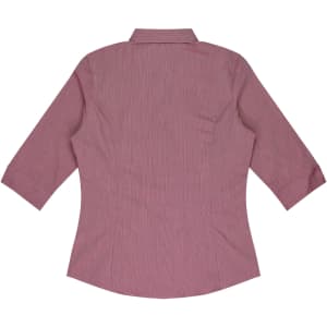 A button-up shirt featuring a 3/4 sleeve design in a pinkish-red fabric, with a fitted silhouette and back pleating.