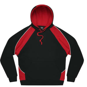 A black and red hooded jumper featuring a kangaroo pocket and contrasting raglan sleeves with a logo.