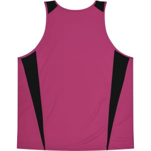 A sleeveless singlet in magenta with black side accents and a logo.