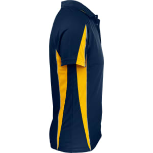Navy blue polo shirt featuring yellow side panels and a collar, with a logo on the front.