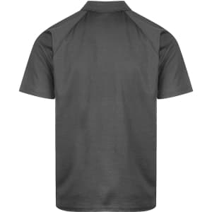 A grey men's polo shirt featuring a collar and short sleeves, with a logo present on the garment.