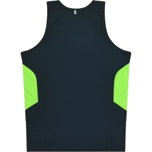 A black singlet with bright green side panels and a logo on the back.