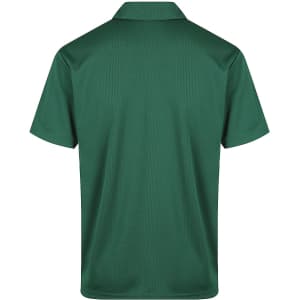 A green polo shirt with a classic collar and short sleeves, featuring a logo on the back.