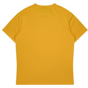 A yellow T-shirt featuring a simple design and a back view. It has a logo on the back.