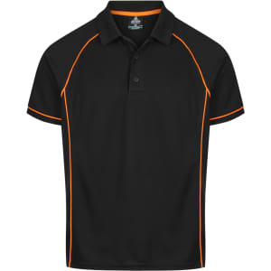 A black polo shirt featuring orange detailing and a collar. It includes a branding logo.