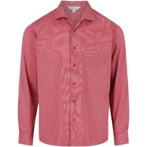 A long sleeve button-up shirt in a vibrant red colour with a subtle pattern and a single chest pocket.