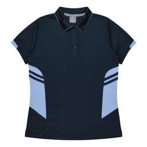 A navy blue polo shirt with light blue accents and a collar. It features a logo on the chest.