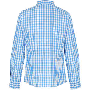 A blue and white checked long sleeve button-up shirt with a collar and cuffed sleeves. Features a logo.