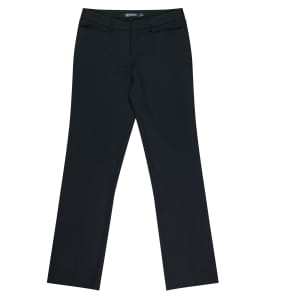 Classic black pants with a straight-leg design, featuring a waistband and front pockets. Includes a logo on the waistband.