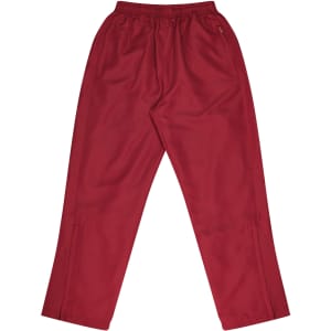 Red track pants with an elastic waistband and a side pocket, featuring a logo on the front.