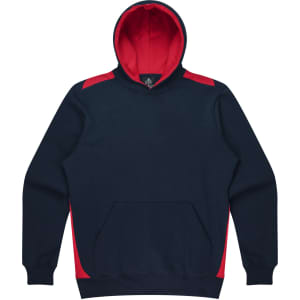 A navy hoodie with red accents and a front pocket, featuring a hood and branding.