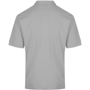 A grey polo shirt featuring a classic design and a collar, with a branding logo on the back.