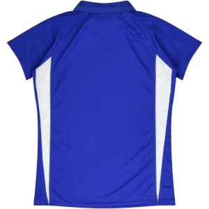 A blue polo shirt with white side panels and a collar, featuring a logo on the front.
