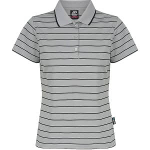 A grey polo shirt with horizontal stripes, a collar, and a logo on the chest. Features short sleeves and buttons.