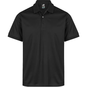 A black polo shirt featuring a classic collar and short sleeves, with a logo on the collar.