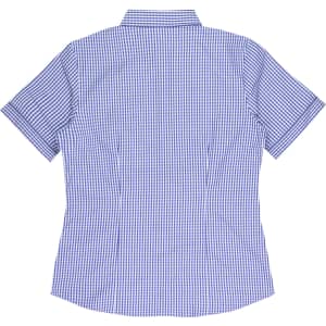 A short-sleeved button-up shirt in blue and white checkered pattern with a collar and rear view. Features a logo.