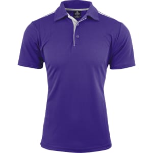 A purple polo shirt with a contrasting white collar and stripes, featuring a logo.