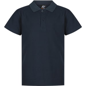 A navy blue polo shirt with a collar and three buttons, featuring a small logo.