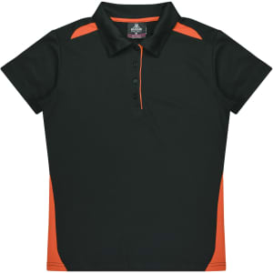 A dark green polo shirt with orange accents and a logo on the chest.