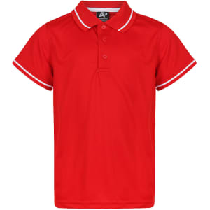 A red polo shirt with white trim and a collar, featuring a logo on the tag.