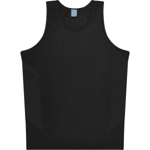 A black singlet featuring a simple design with mesh panels and a logo.
