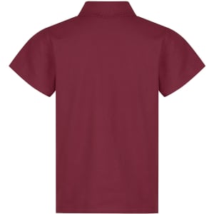A maroon polo shirt featuring a collar and short sleeves, with a logo on the back.
