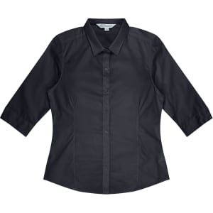 A black button-up shirt with 3/4 sleeves featuring a collar and a logo.