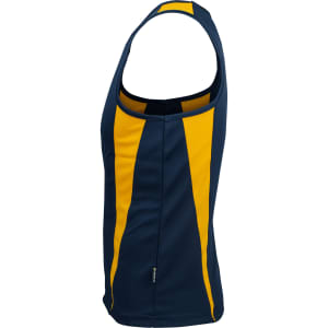 A navy blue singlet featuring yellow stripes, with a logo on the side.