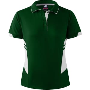A green polo shirt with white accents and a logo, featuring a classic collar and short sleeves.