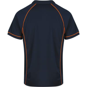 A navy polo shirt with contrasting orange detailing and a logo on the back.