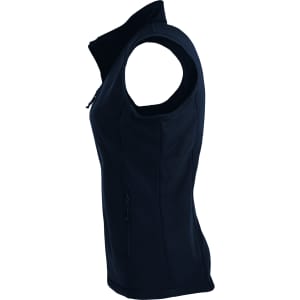 A black women's vest with a zip and sleeveless design, featuring a side view and a logo on the fabric.