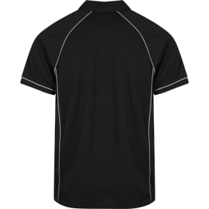 A black polo shirt featuring contrasting piping and a branded logo on the back.