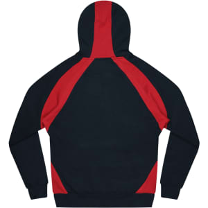 A hoodie featuring a black body with red accent panels on the sleeves and back, and a drawstring hood.