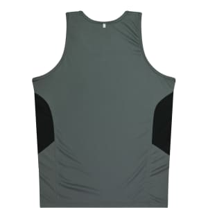 A green singlet with black side panels and a logo. Suitable for kids, made from lightweight material.