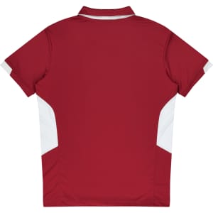 A red polo shirt with white accents on the sides and a collar. The shirt has a logo on it.