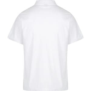 A white polo shirt featuring a collared neckline and short sleeves, with a logo on the back.